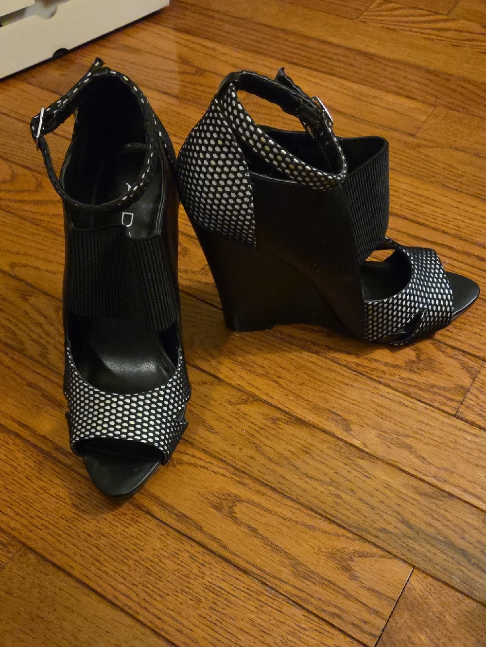 Aldo Black and White Peep-Toe Wedge Sandals with Ankle Strap